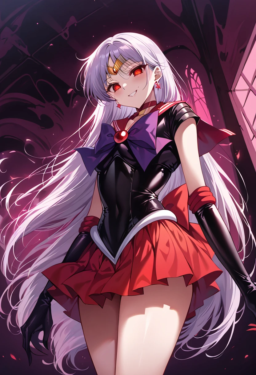 (masterpiece, Highest quality, so beautiful, Very detailed), Intricate details, 12k, Honestly, aamars, long hair,  tiara, earrings, red choker, red sailor collar, purple bowtie, (black shirt:1.2), elbow gloves, black gloves, pleated skirt, red skirt, bare legs, Are standing, Cowboy Shot,,(Wicked Smile:1.2), one person,(Silver Hair:1.4),(empty eyes,:1.4),From below,Watching the dawn,dark aura,View your audience,(red eyes:1.2),(Inside the Evil Secret Base:1.4),