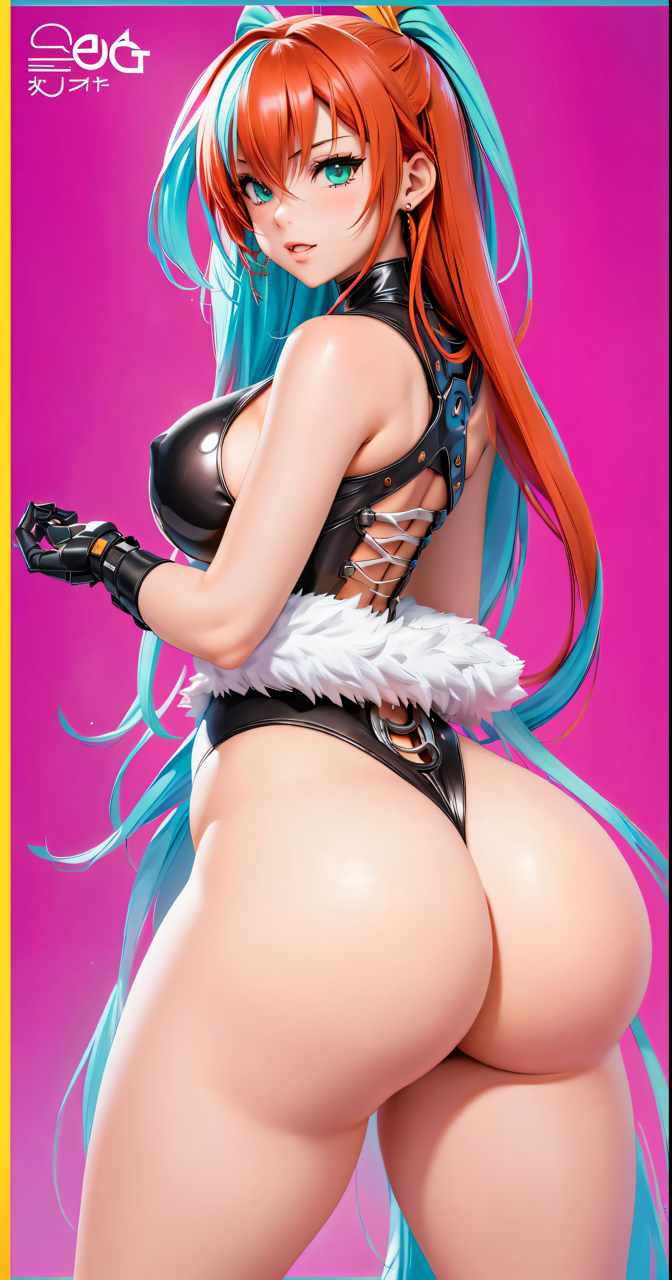 anime girl with a big ass in a black leather outfit, cutesexyrobutts, oppai cyberpunk, thicc, 2b, 2 b, oppai, anya from spy x family, biomechanical oppai, makoto, commission for high res, oc commission, tifa lockhart, oppai proportions, tifa, tracer in a skintight dress,leg up,red hair,one leg forward ,super thick ass