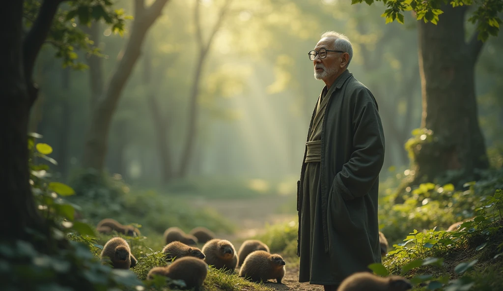 An old professor wearing glasses reflecting profound ancient wisdom, tall, short hair, and Asian. He stood among the moles in the early morning forest.