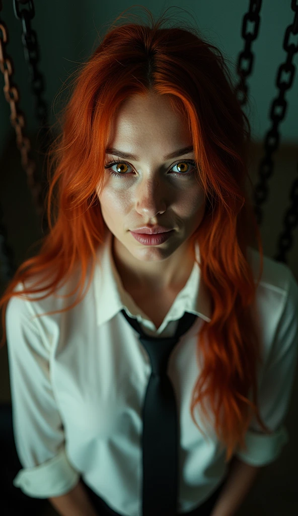 makima with the face of Scarlett Johansson\ (chainsaw man\), best quality, ultra detailed, 1girl, solo, standing, red hair, long braided hair, golden eyes, bangs, medium breasts, white shirt, tie, look, smile, (bad: 1.2), looking at the viewer, (interview: 1.3), (dark background, chains: 1.3), from above, sharp contrast, beautiful detailed eyes, focus, closeup shot