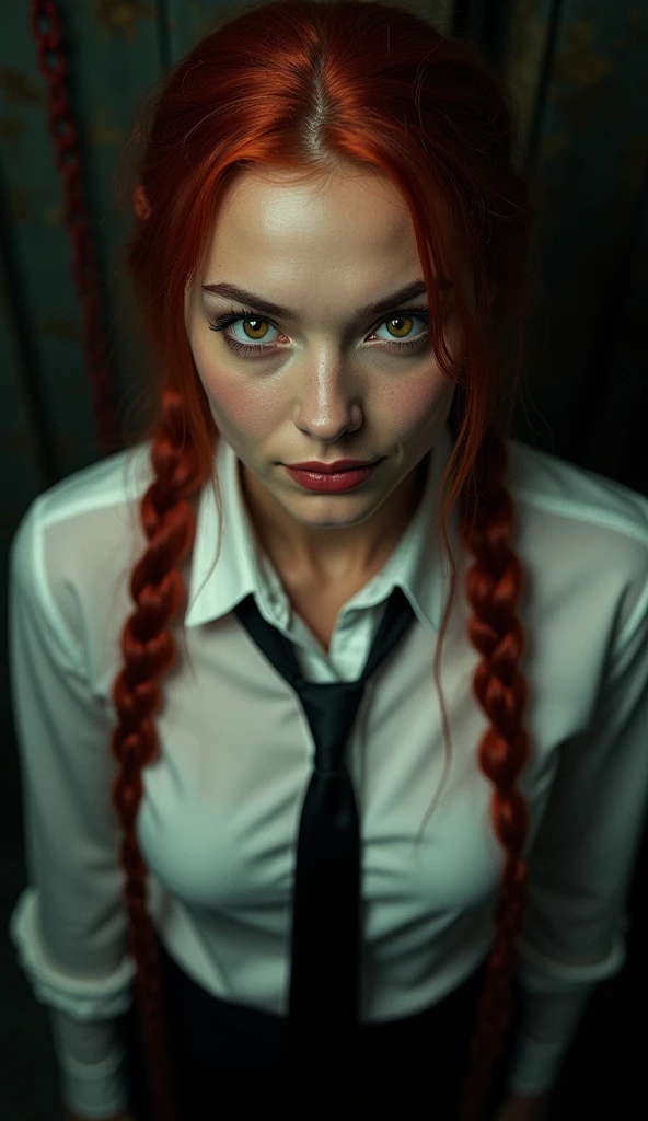 makima with the face of Scarlett Johansson\ (chainsaw man\), best quality, ultra detailed, 1girl, solo, standing, red hair, long braided hair, golden eyes, bangs, medium breasts, white shirt, tie, look, smile, (bad: 1.2), looking at the viewer, (interview: 1.3), (dark background, chains: 1.3), from above, sharp contrast, beautiful detailed eyes, focus, closeup shot