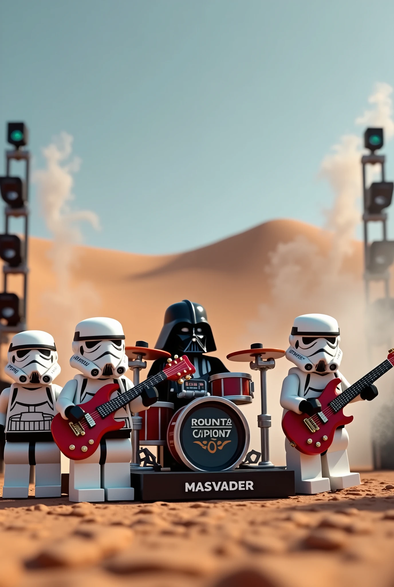 Photorealism 1.4 realistic realism high detailed definition Lego minifig 4 stormtrooper with guitar and drum set dart Vader play guitar Gibson sg red and sing at desert concert with lighting guitar amplifier and lighting smoke effect stage microphone smoke effect wrote THE MASVADER retro font