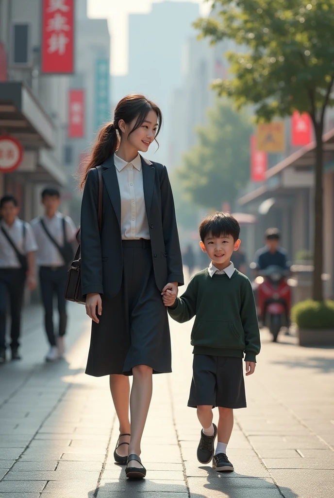 (8k, RAW photo, best quality, masterpiece:1.3),(realistic, photo-realistic:1.37),realistic skin texture,(photorealistic:1.3),(hyperrealistic:1.2.3.4), super sexy young Korean mother and her primary school son walking to school.