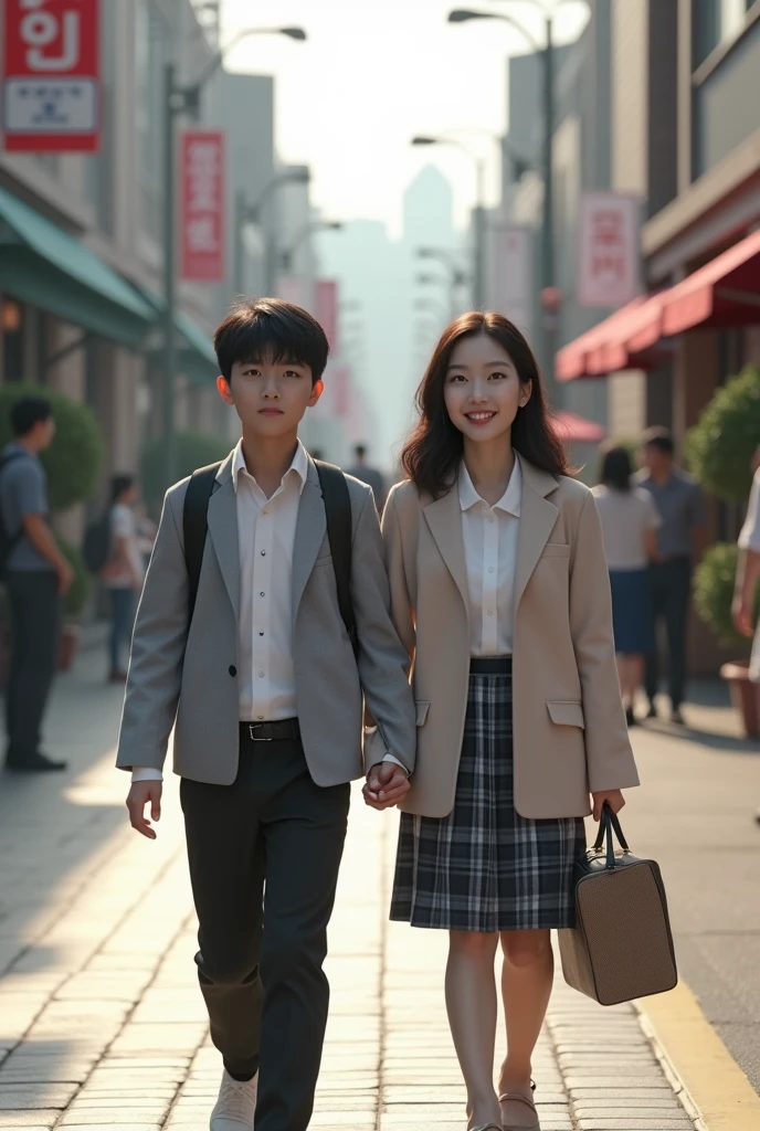 (8k, RAW photo, best quality, masterpiece:1.3),(realistic, photo-realistic:1.37),realistic skin texture,(photorealistic:1.3),(hyperrealistic:1.2.3.4), super sexy young Korean mother and her primary school son walking to school.
