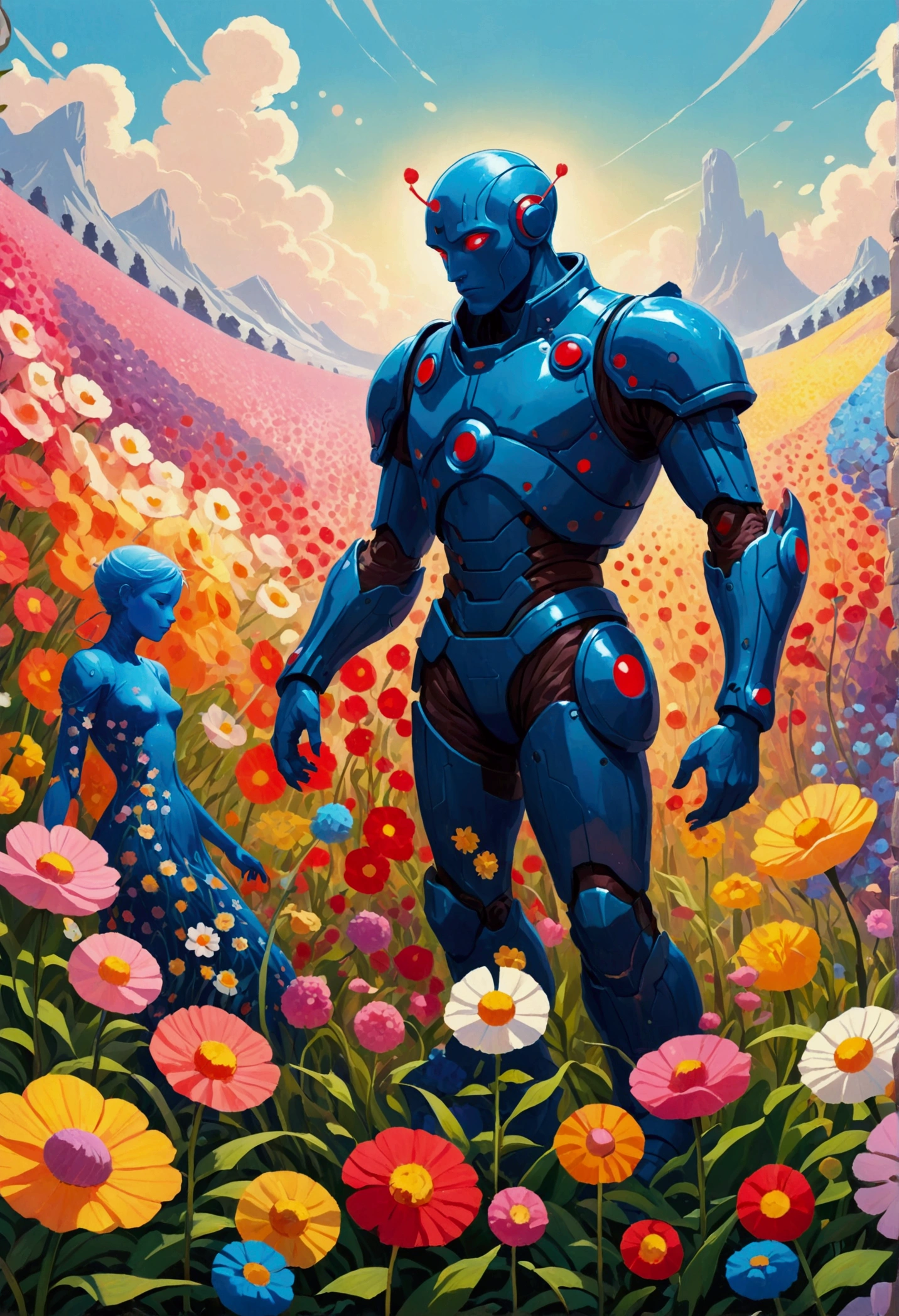 There are two people standing in the flower field, Figures inspired by the Hildebrandt brothers, Winner of the Behance competition, Aestheticism, Humanoid creature covered with flowers, anton fadeev and dan mumford, beeple 和 james jean, Jossan Gonzalez and Dan Mumford, Juster Battle, Cyril Rolando and Goro Fujita