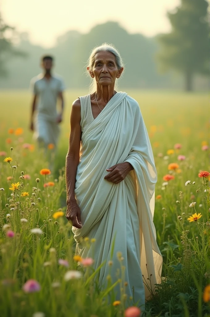 An old woman wearing a white sari is standing in a field in front of the man,