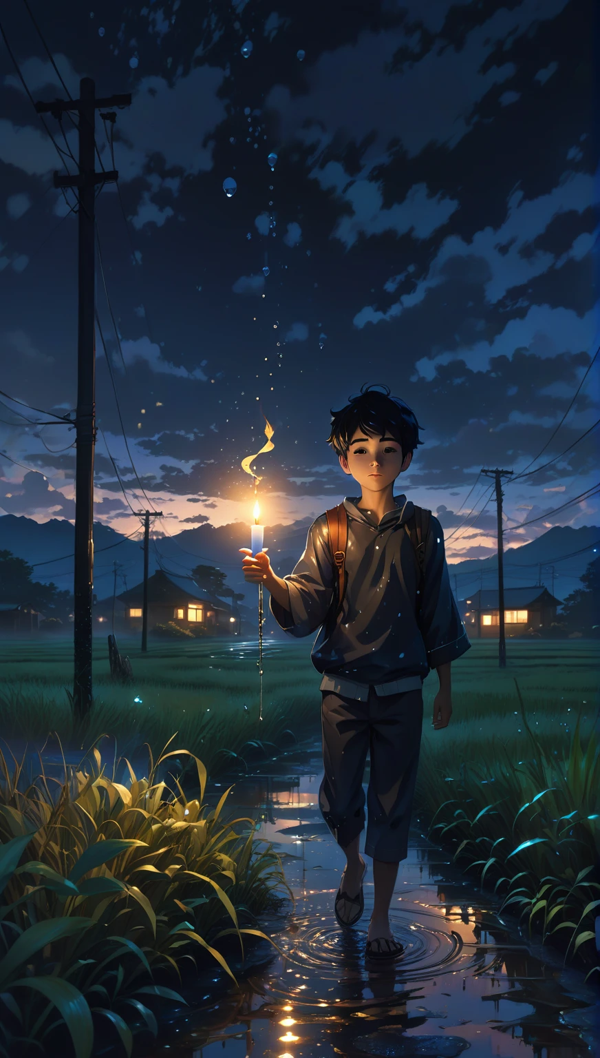 there is a boy holding a lit candle in a puddle of water, makoto shinkai cyril rolando, rob rey and kentaro miura style, cyril rolando and goro fujita, stefan koidl inspired, anime lighting, lee madgwick & liam wong, by Yoshihiko Wada, concept art of single boy, magical realism style