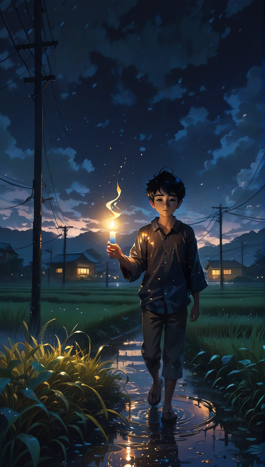 there is a boy holding a lit candle in a puddle of water, makoto shinkai cyril rolando, rob rey and kentaro miura style, cyril rolando and goro fujita, stefan koidl inspired, anime lighting, lee madgwick & liam wong, by Yoshihiko Wada, concept art of single boy, magical realism style