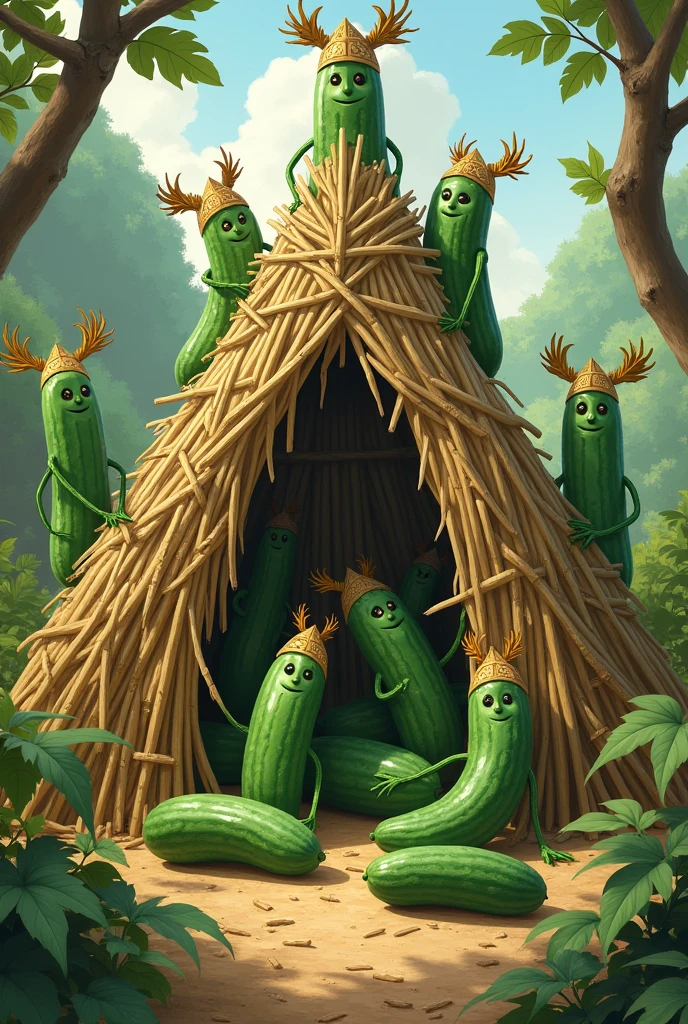 Indigenous cucumbers with face building a straw hut. The hut must be incomplete and the cucumbers must have valkyries