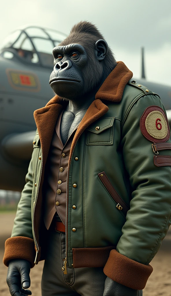 Handsome gorilla in a green pilot jacket . He is located outdoors, Vintage aircraft on background. The aircraft has a blank circular embroidered patch on the upper arm.. The gorilla seems to be looking into the distance,