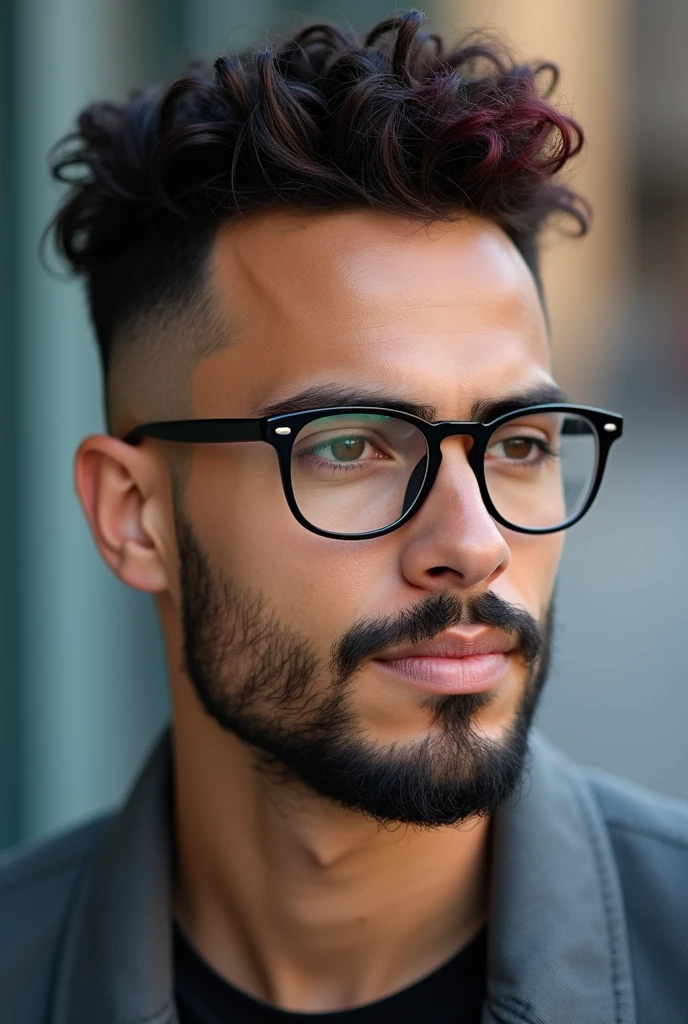 Young man, de oculos de grau com a armação black, with short curly hair shaved on the sides, the top of the hair actually dyed, with a beard close to the face, black