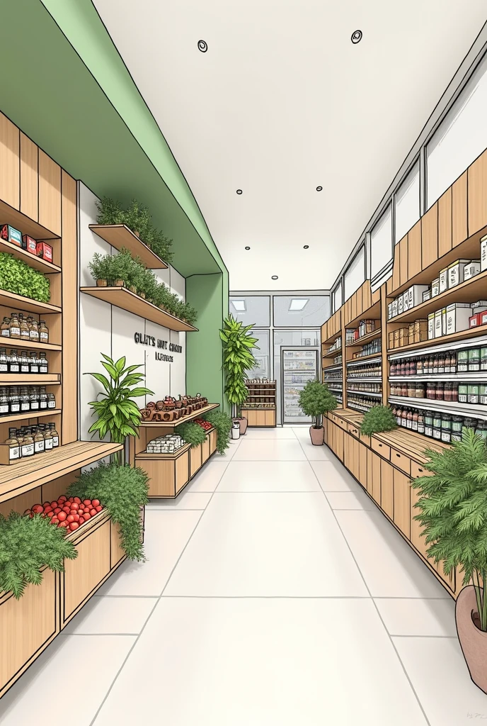A sketch with these characteristics:
• 40 m² for customer service/ sales: enough to display products and allow customer flow. From a health food store 
