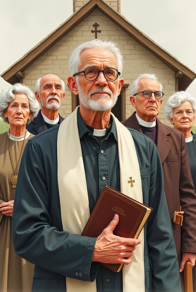 (abstract sketching ,easy water color) , a old men with circle glasses holding a bible, three young american pastors , five old western women in a dress , one in a formal suite, (facial expression solemn and brave), Christian Church at background, this art is about honoring them.