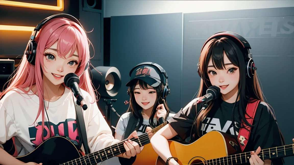 four women、cute smile、Korean idol、Punk style clothing、Recording music performances in the studio、
