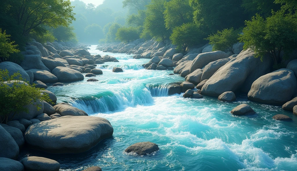 the river flows fast and clear with beautiful rocks 