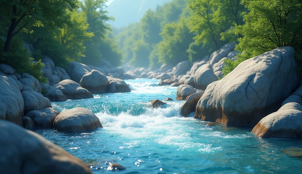 the river flows fast and clear with beautiful rocks 