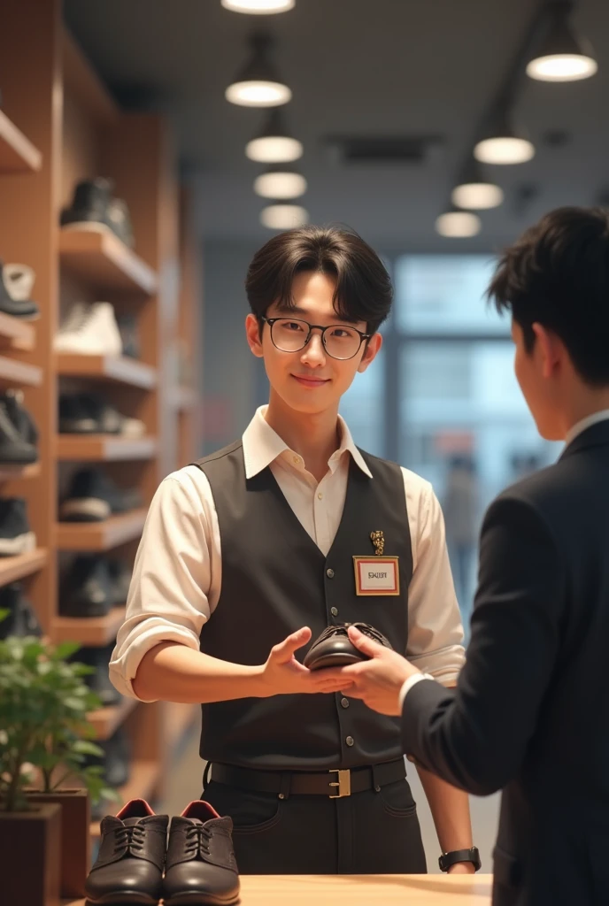 Male clerk working at a shoe store Korean Age: 30s Handing over the shoes with a condescending smile Dressed like a shop assistant