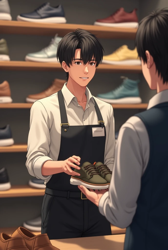 Male clerk working at a shoe store Korean Age: 30s Handing over the shoes with a condescending smile Dressed like a shop assistant
