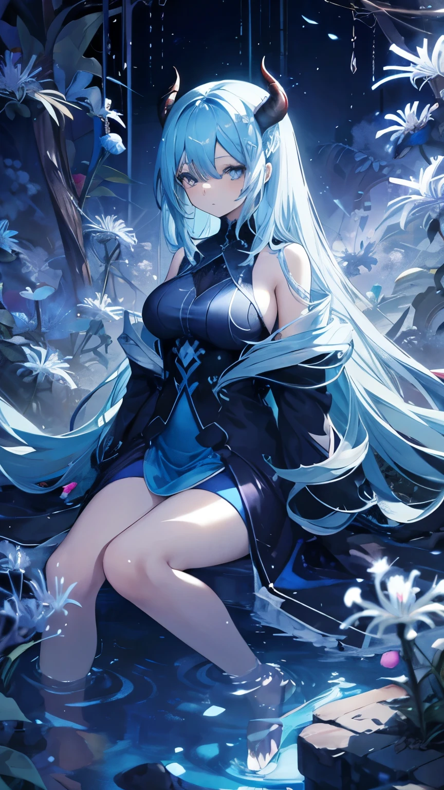 Blue spider lily, demon girl, big body, light blue hair, long hair, side-parted bangs, 8k