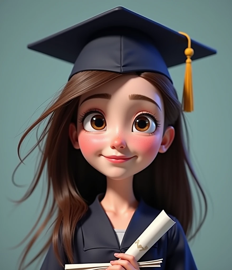GENERATES A FEMALE PIXAR GRADUATE WITH LIGHT BROWN HAIR AND LOOKING CLOSER WITH FLOWING HAIR AND DARK BLUE GRADUATION CAP, LOOKING UP AND EYES LARGE AND CENTERED.