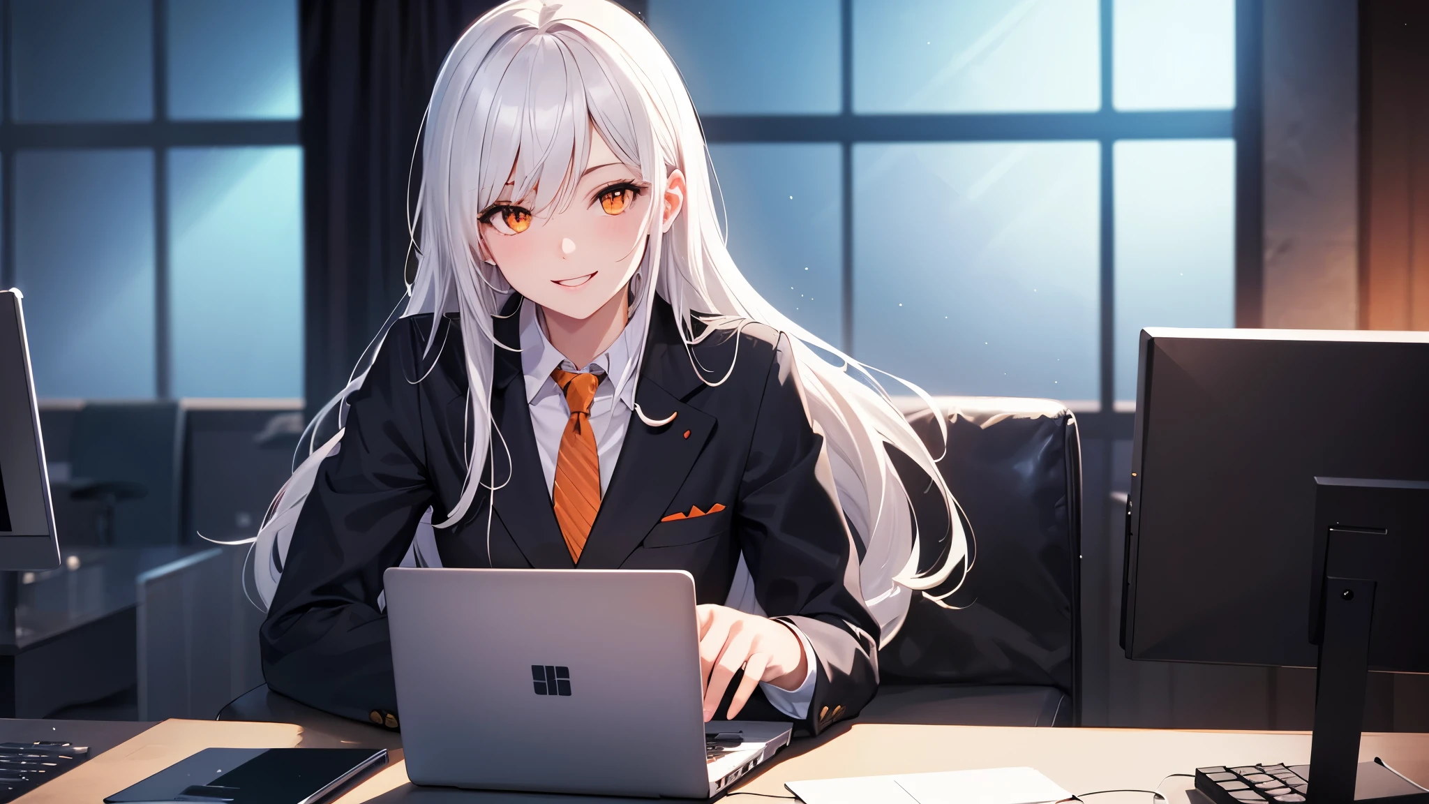 Highest quality, 8k, 4K, High resolution, (Beautifully detailed face), High Contrast,One person,only, Long Hair,White Hair, Beautiful orange eyes,Upper Eye, A happy look, Moderate bust, suit, Nice background, Business Space, laptop