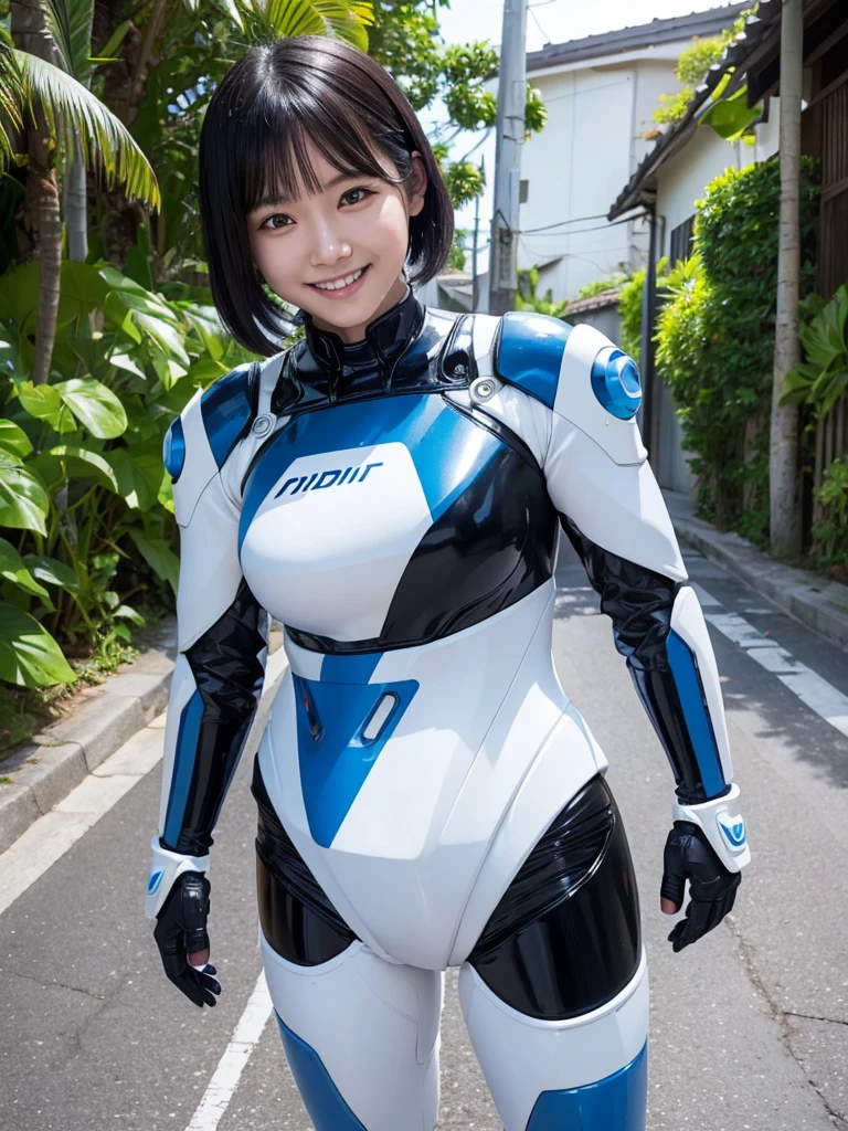 Japanese female android,Black Hair,White and blue robot suit,Plump,Posing on a tropical street in midsummer,Sweaty,smile,