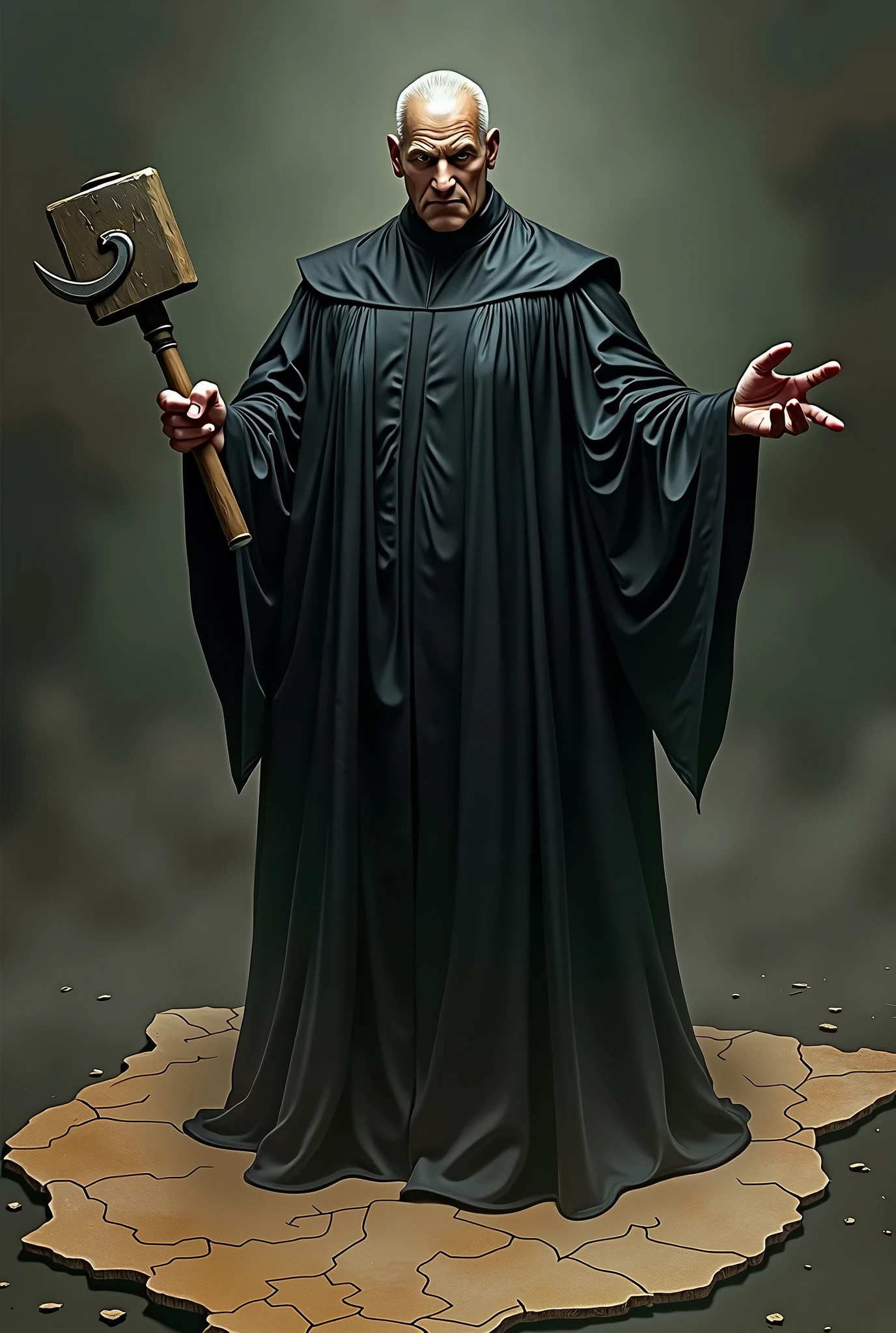 An evil bald judge dressed in a robe and with a hammer and sickle in his hand stepping on the map of Brazil