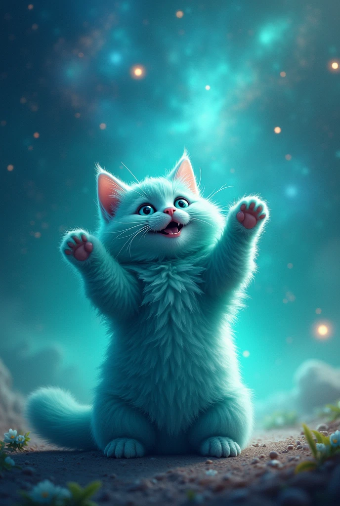create a turquoise cat, fluffly, realisitic, he is playing with the sky, com as patas para cima, he plays happily, he is sitting with his paws up, the turquoise galaxy background 