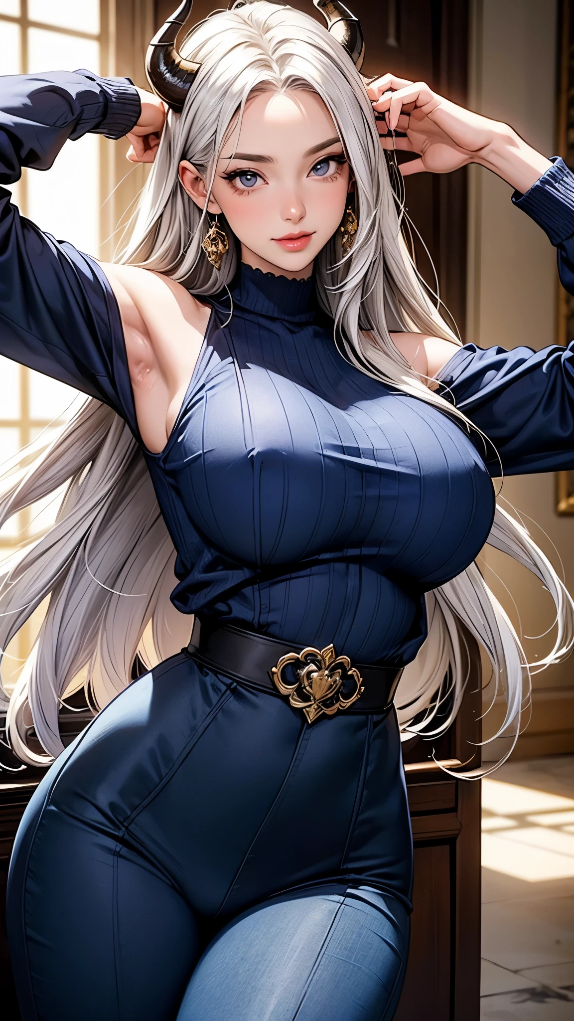 (art: 1.2), (best quality: 1.2) upper part of the body, posing frontally, standing, looking straight at the viewer, , 1 woman, mature, tall (1.85), appearing to have about 30 years old, dragon horns on the head, white dragon horns, silvery white hair, straight hair with bangs, silver eyes, extremely detailed eyes, perfect eyes, extremely realistic eyes, well-aligned eyes, long eyelashes, anime style, Face Perfect, milf face, full lips, smiling, mature, fair skin, natural body, sexy body, MILF body, perfect hands, arms up, sweaty armpits, detailed hands, hands well proportioned to the body, realistic hands, arms with good anatomy, she only wore a blue blouse navy blue with long sleeves in a noble European style that still could not hide the extremely large (tearing) and enormous breasts that drooped due to their size, thin waist, thin abdomen, thick thighs, wide hips, looking at the viewer, close-up scene background, set in a room of a European style castle, gold coins on the floor, treasures scattered around the room, posing alone looking at the viewer