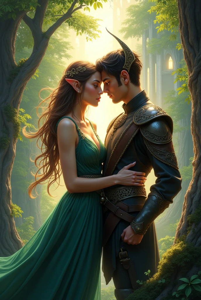 Create a cover for a romance book with the name Alliance in Fire Between Two Elves The woman is a forest elf and the man is an iron city elf Do something dramatic with them separated highlighting the two landscapes of the land of both
