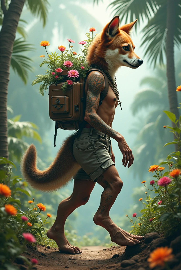 Indian woman with dog head , sicpack , dinosaur foot, Kerala baground , flowers on head