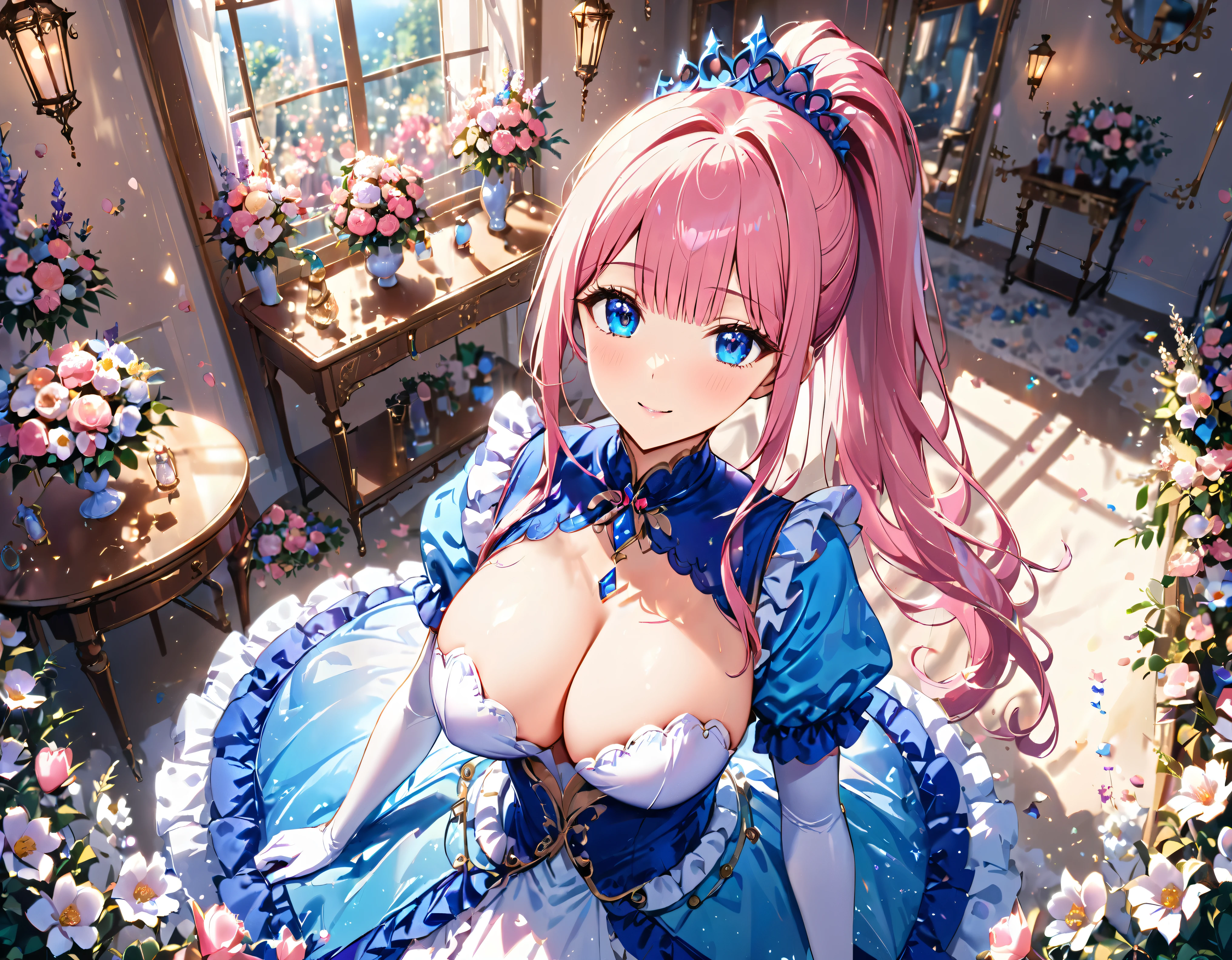 ((Extremely detailed depiction, Super detailed, Exquisite quality, Ultra-high resolution)), full body, ((Ultra-luxurious Rococo Victorian gown featuring a voluminous, huge, full-length hoop skirt and long hem, Princess style skirt))), ((Ultra-precise and uniquely complex structure, Multi-layered ruffle skirt)), (Peacock colored fabric), (Glorious reflection, prism, pure white), (((ソロの若いprincess))), Ultra-detailed and detailed face, Very cute face, Cute Smile, (((Pink Hair, ponytail))), Fluffy and smooth curly hair, Expressive hair, Super voluminous long hair, (Blunt bangs, princess_cut), Huge breasts, Cleavage, (Focus on the face:1.5), (((head tilt, looking viewer:1.7))), clear sky, Super detailedな肌, ((eyes blue eyes:1.5)), (((Perfect Anatomy))), Colorful flowers in full bloom, (((Surrounded by lots of flowers:1.6))), bouquet, Crystal Lantern, (Soft Light:1.3), (Shallow depth of field:1.5), Particle Effects, Caustics, reality, textile shading,