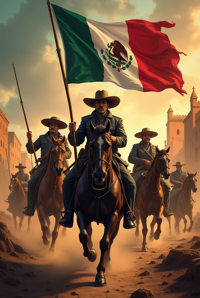 Create an image about the Mexican Revolution, and the INSTITUTIONAL REVOLUTIONARY PARTY