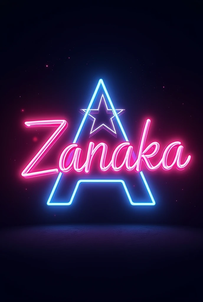 A captivating and futuristic 3D neon logo for "Zanaka " features a striking, vibrant, and modern design. The lettering is illuminated with a glowing neon glow, casting a dynamic atmosphere of energy and excitement. The ' ' in ' ' is shaped like a star, adding a unique and distinctive touch. The dark space background emphasizes the luminous letters, drawing the viewer's attention to the logo's focal point. The 3D render enhances the depth, realism, and movement, giving the logo a sense of dimension and dynamism. This design is perfect for a brand or company in the entertainment industry, reflecting a cutting-edge style and innovative spirit. The overall effect is a vibrant, futuristic, and eye-catching logo that captures the essence of, vibrant, typography, 3d render