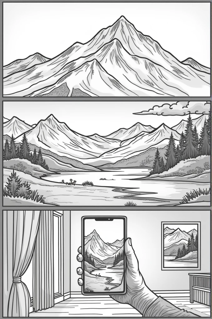 Make a comic strip:
Show a beautiful mountain landscape
Then Show the landscape being taken on a phone camera
Then show it in a picture framed inside a house
Make the art colorless
