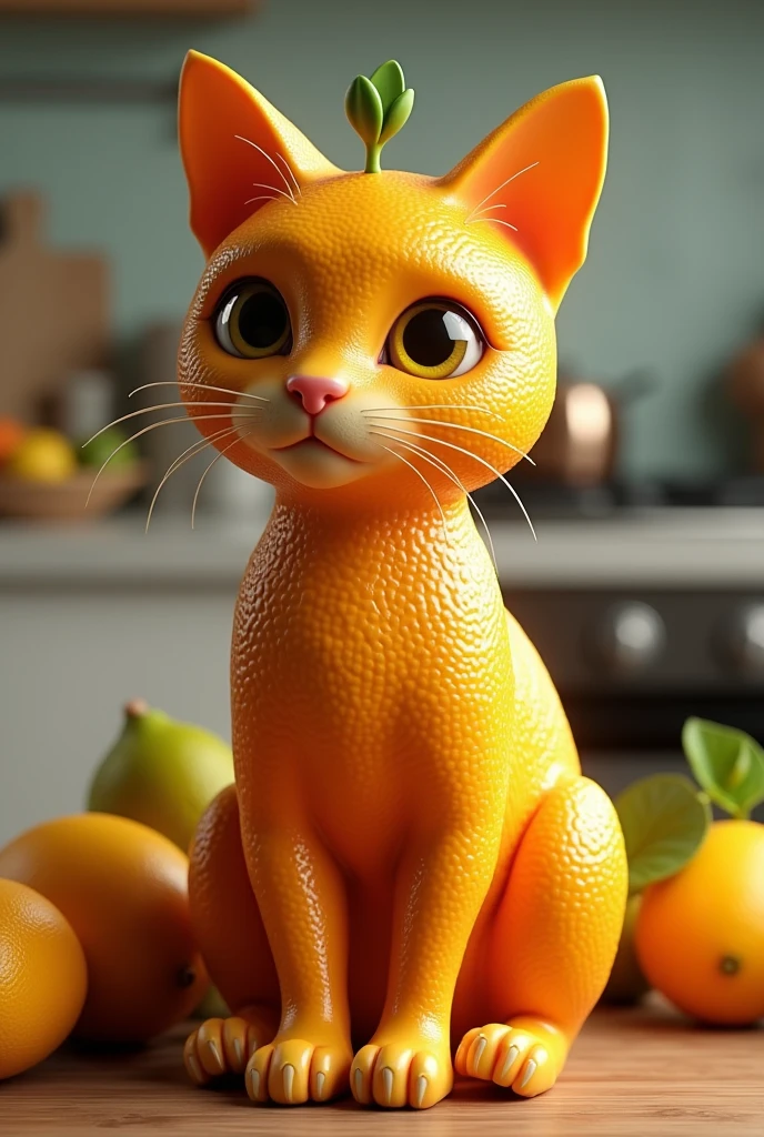 Create an ultra-realistic 3D image of a cat that is shaped like an orange. The cat's body has a bright, textured orange skin with realistic dimples, resembling the surface of a fresh orange. Its ears are shaped like small green leaves, similar to the ones found on an orange stem. The cat's eyes are a vibrant yellow-orange color, blending naturally with the rest of its body. Its tail is a green vine-like stem. The setting is a fruit basket on a kitchen counter, surrounded by other citrus fruits,
