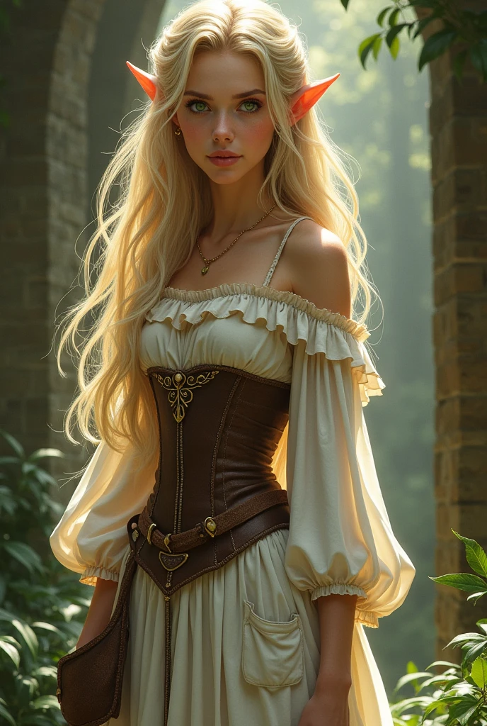 Woman elf with long wavy blonde hair, bright green hair, wearing a brown medieval corset with white medieval dress with a big pocket on left, 