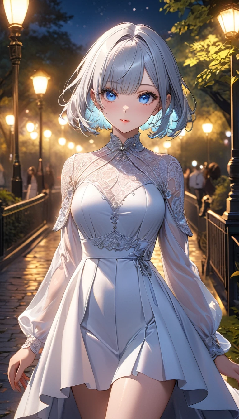 Ultra high resolution, rich colors, perfect image, best quality, detailed image, beautiful single woman, glowing skin, skin and clothing texture, delicate eyes, night park, walk, silver bob hair, blue eyes
