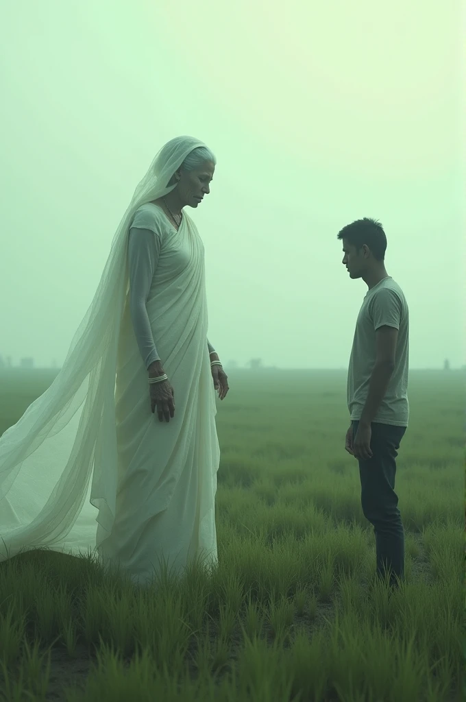 An old Ghostwearing a white sari is standing in a field in front of the man,