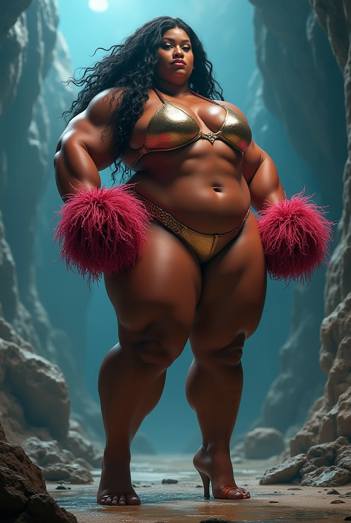 arafed woman in a bikini posing with a pom pom, giant stunning goddess shot, bodybuilder superhero bikini, ifbb fitness body, fit curvy physique, epic 3 d oshun, fitness model, curvy build, thick body, vixen, metal bikini, kezie demessance, sculpted, goddess queen, abs, exaggeratedly large physique, with abs