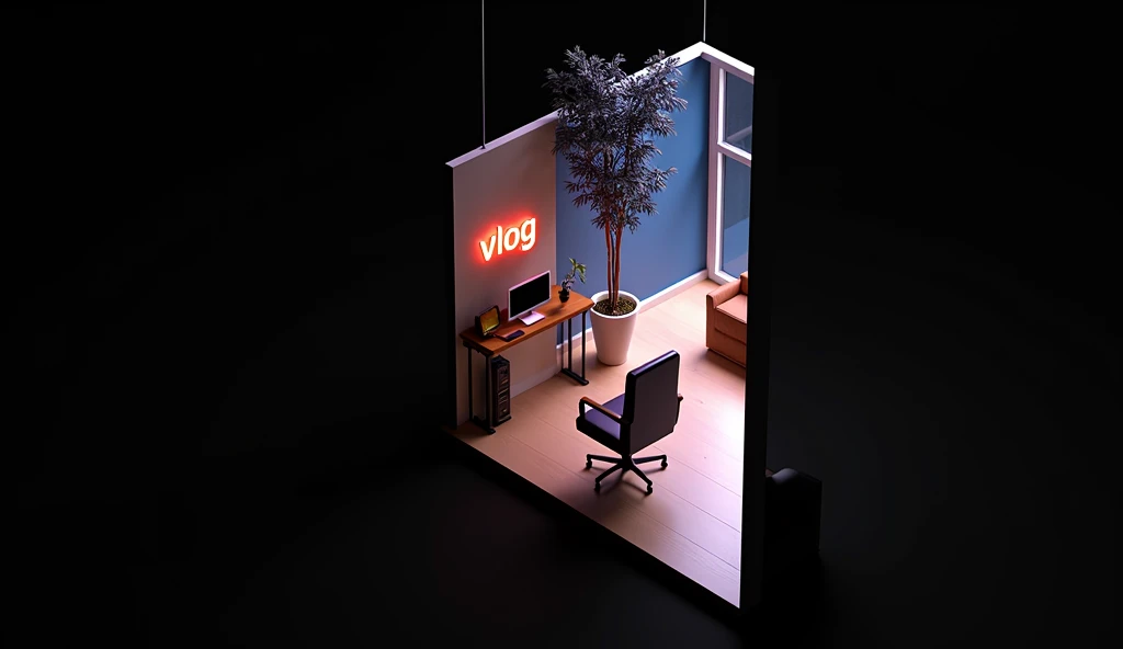 Generate a coad 3d background of living room and. write 'vlog ' with neon lights.make sure the spelling is not misspelled. The background should have a desk and computer and also a plant in the background. Make it realistic