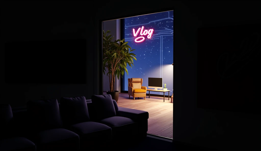 Generate a coad 3d background of living room and. write 'vlog ' with neon lights.make sure the spelling is not misspelled. The background should have a desk and computer and also a plant in the background. Make it realistic