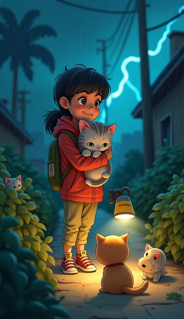 on a stormy night  catoonish A kind-hearted rescuer, with a flashlight, finds kittens On a stormy night kittens huddle together under the bush The rescuer scoops up the kittens and cradles them in a warm blanket)