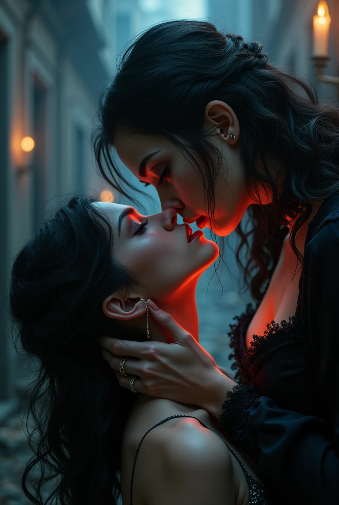 A girl vampire gently bites a girl, blood slowly falling but to the point of killing her