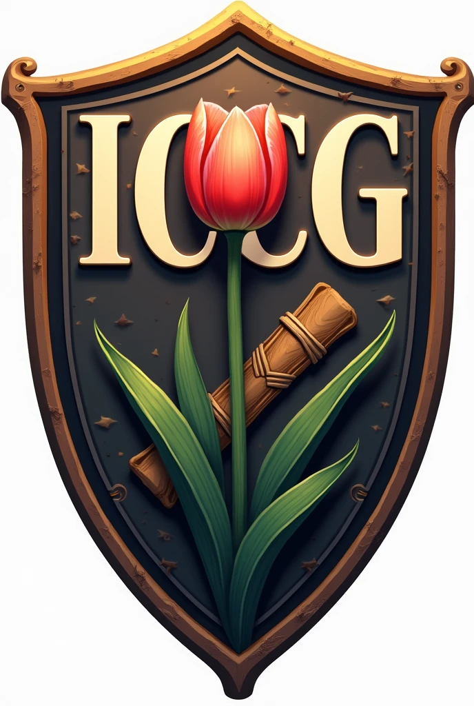 Create a Shield logo with upercase text " i c c g " and a bible with one tulip