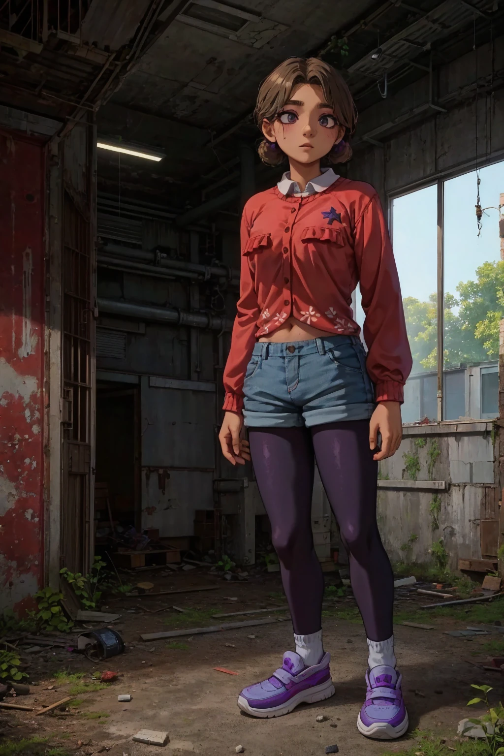 Cassie, Purple Eyeshadow，Red Shirt，shorts，sports shoes，Extra large chest，Breast augmentation，Full body shot of a person standing in an abandoned factory