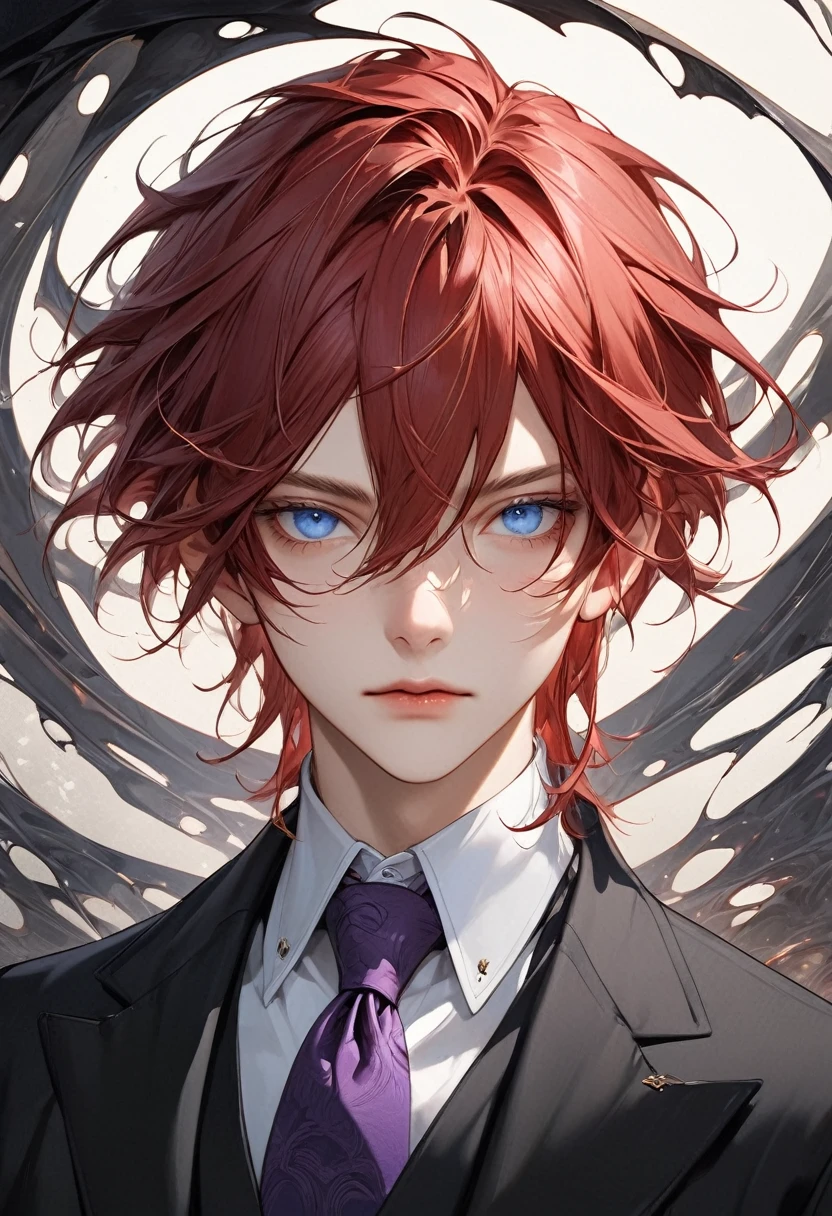 The image is a highly detailed, ultrarealistic manga-style portrait of a androgynous young man with an serene and enigmatic appearance. He has shoulder-length, wavy, and smooth red hair that frames his face with an almost malificent look. His striking blue eyes are sharp and captivating, adding to his mysterious aura. He is dressed in a formal attire that features subtle yet elegant detailing, now rendered in a rich tone of purple with gentle hues and shadows that enhance the depth of the fabric. The suit is complemented by a neutral-colored tie that blends seamlessly with the overall ensemble. The background is dark, providing a stark contrast that draws attention to the young man and accentuates the dramatic lighting, which carefully illuminates the contours of his face and attire. The overall composition combines the meticulous detail typical of ultrarealism with the stylistic flair of comic book, resulting in a captivating and visually striking portrait. fashion photo