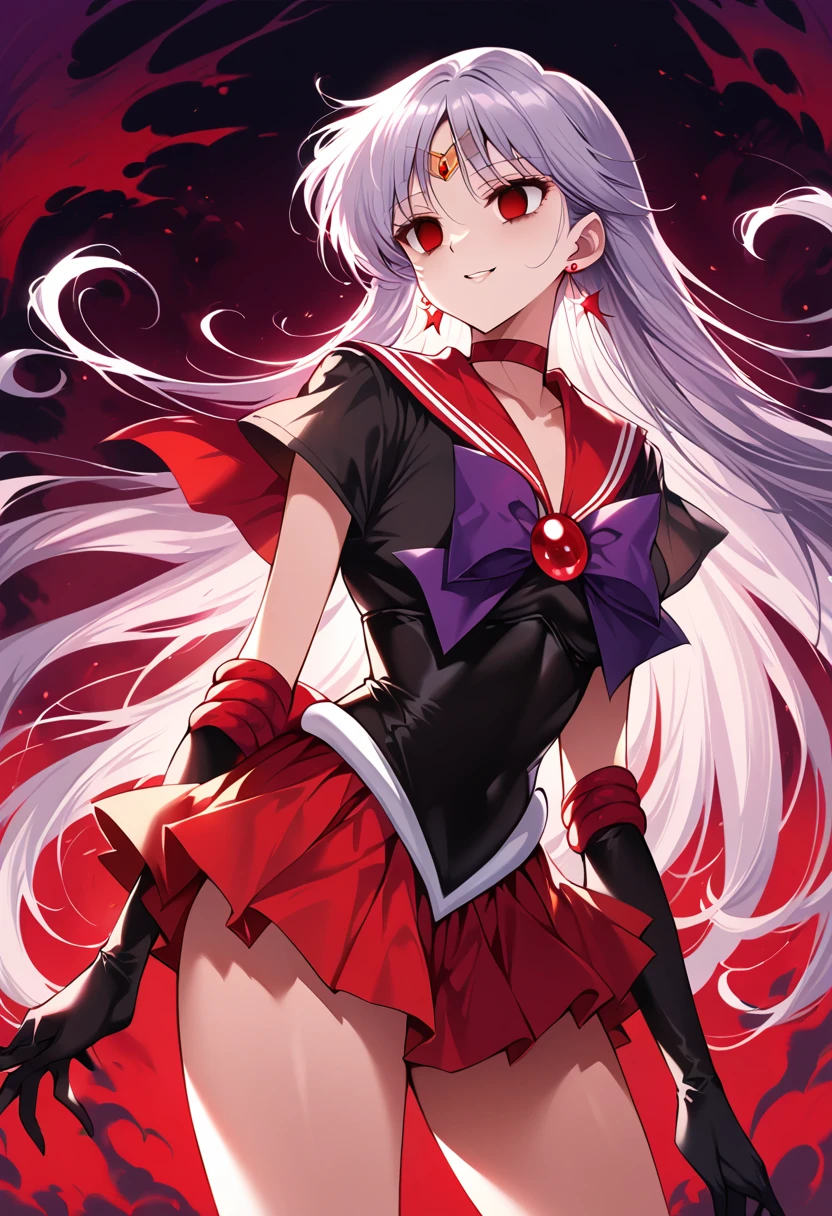 (masterpiece, Highest quality, so beautiful, Very detailed), Intricate details, 12k, Honestly, aamars, long hair,  tiara, earrings, red choker, red sailor collar, purple bowtie, (black shirt:1.2), elbow gloves, black gloves, pleated skirt, red skirt, bare legs, Are standing, Cowboy Shot,,(Wicked Smile:1.2), one person,(Silver Hair:1.4),(empty eyes,:1.4),From below,Watching the dawn,dark aura,View your audience,(red eyes:1.2),(Inside the Evil Secret Base:1.4),