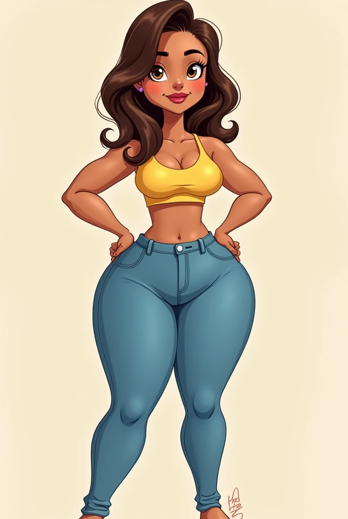 Create a cartoon image that looks like me.
light brunette, brown hair with a streak, thin blonde on each side, shorth hair, big chest big hips and big butt and thin thin waist in tight jeans