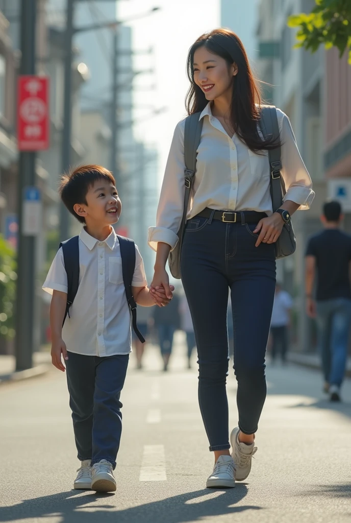 (8k, RAW photo, best quality, masterpiece:1.3),(realistic, photo-realistic:1.37),realistic skin texture,(photorealistic:1.3),(hyperrealistic:1.2.3.4), super sexy young Korean milf and her  son walking to school.